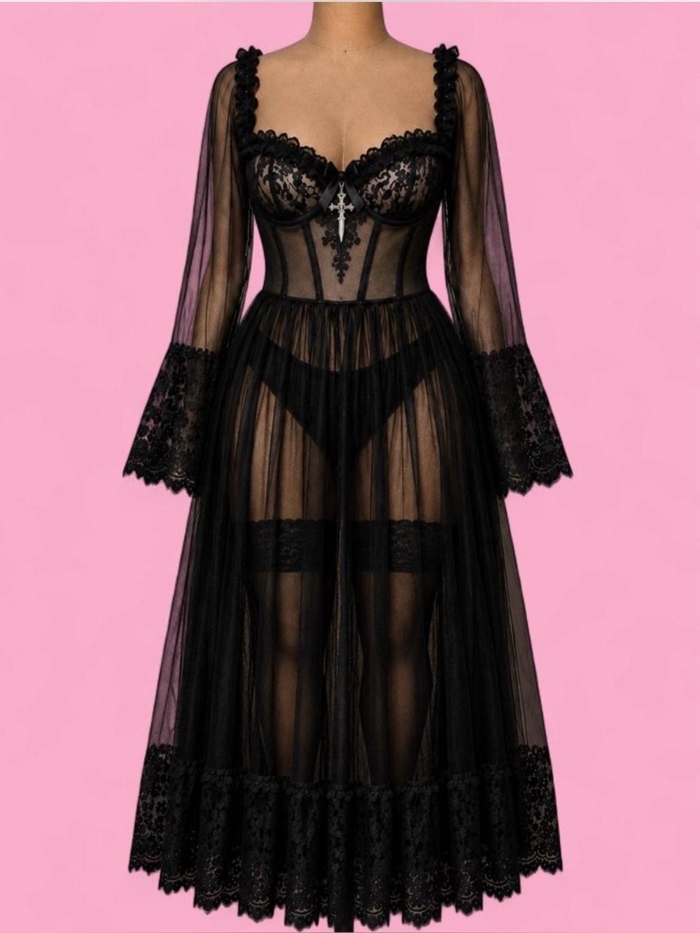 Dolls Kill Black Sheer Lace Corset Maxi Dress